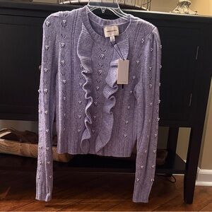 Industry Lavender Pearl-Embellished Ruffle Knit Sweater